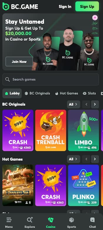 A view of the mobile interface on BC Game, one of the best gambling apps.